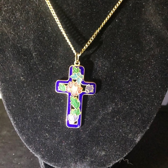 Cobalt Blue floral cloisonné vintage cross pendent on chain necklace​ - Picture 1 of 7
